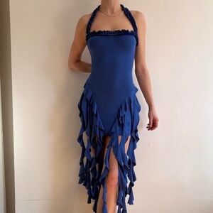 Micas Ruffle Tassel Halter Bustier Mini Dress in Blue: NEW w/tags